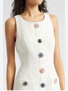 Cinq à Sept Randi Crystal Button Tweed Mini Dress Ivory Size 12